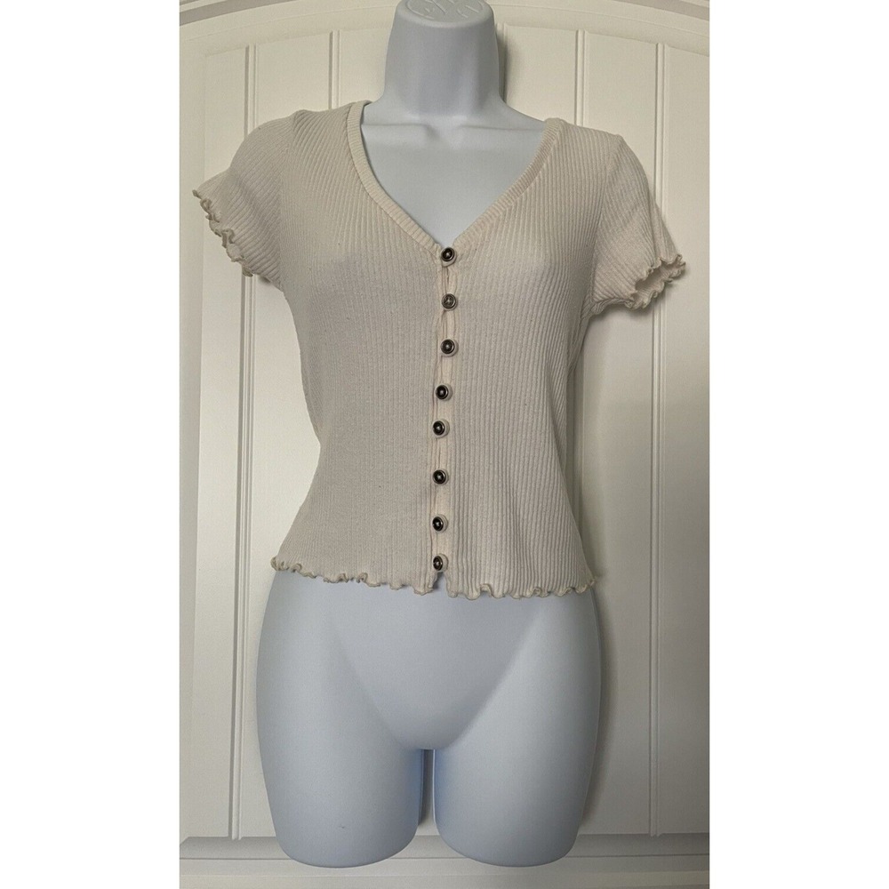 American Eagle Top Womens Size Small White Button Up Short Sleeve‎ V-Neck Fitted